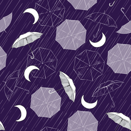 Graphic seamless pattern of umbrellas with rain on the night skyのイラスト素材