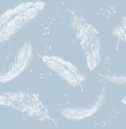 Delicate seamless pattern of white feathers on a gray-blue backgroundの写真素材