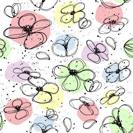 Vector seamless floral pattern with colored blotsのイラスト素材