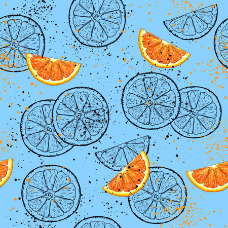 Seamless pattern with colored orange slices on a blue backgroundの写真素材