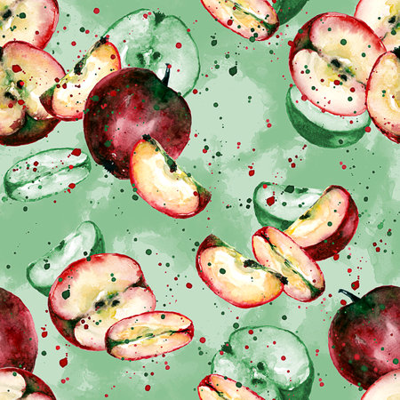 Red apples made in watercolor on a green background in a seamless patternの写真素材