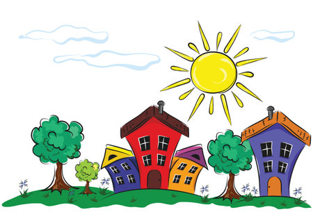Summer landscape with sunny weather and housesのイラスト素材
