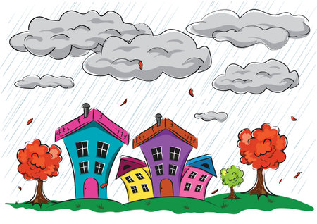 Autumn illustration with colored houses and treesのイラスト素材