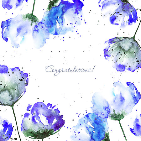 Picturesque greeting card with blue poppiesの写真素材