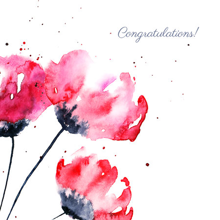 Greeting card with red poppies and textの写真素材