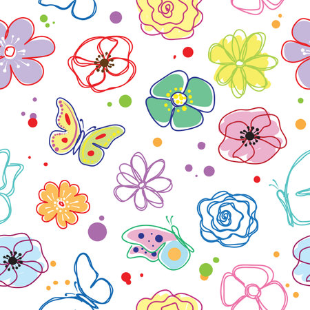 Children's seamless pattern in vector with butterflies and flowersのイラスト素材
