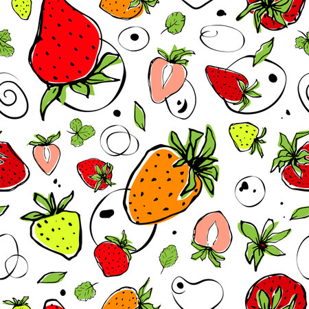 Bright seamless vector pattern with multi-colored stylized strawberriesのイラスト素材