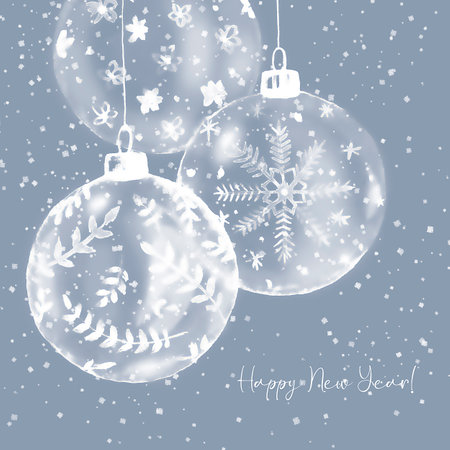 Classic New Year card with toy balls and snow on a gray backgroundの写真素材