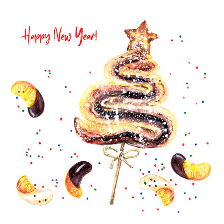 New Year greeting card with pastries and tangerine slices in glazeの写真素材