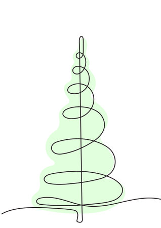 Stylized linear Christmas tree with one line graphics in green toneのイラスト素材