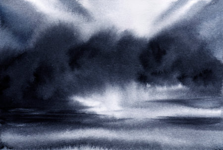 Rainy cloudy sky with black clouds on the horizonの写真素材