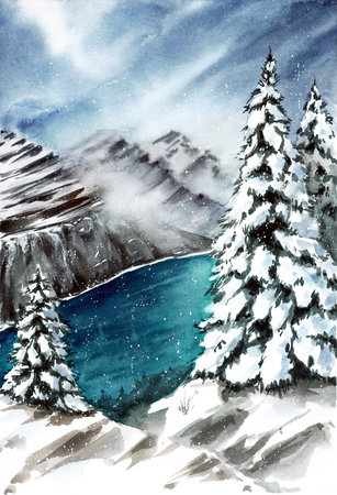 Aerial winter landscape on the river with mountains and fir treesの写真素材