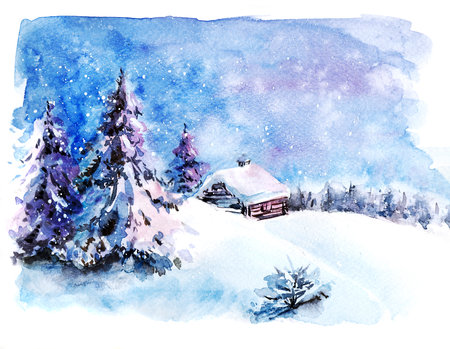 Winter landscape using sketching technique with fir trees and houseの写真素材