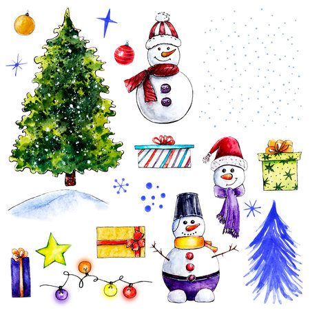 Winter clip art with snowmen and Christmas elementsの写真素材