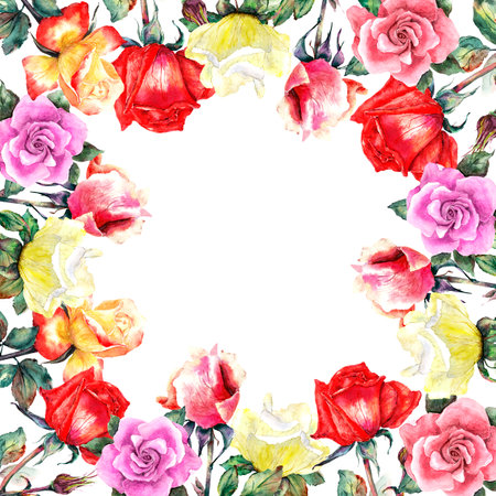 Square floral frame with bright colored watercolor rosesの写真素材