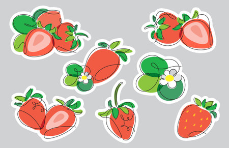 Vector set of stickers with stylized berries and strawberry leavesのイラスト素材