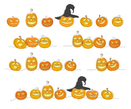 Colored big set with vector Halloween pumpkins in doodle techniqueのイラスト素材