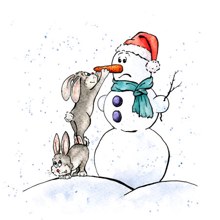 Funny New Year illustration with hare, snowman and carrotの写真素材