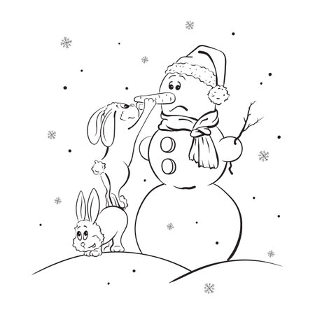 Vector New Year illustration in graphics with hares and snowman on snowのイラスト素材