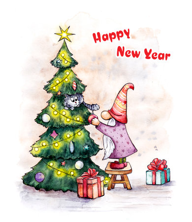 Funny watercolor New Year greeting card with a gnome and a catの写真素材