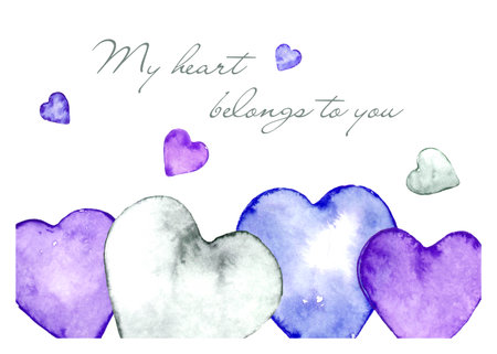 Watercolor card with hearts and greeting text in cool shadesの写真素材