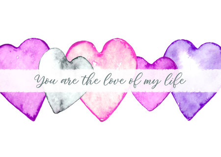 Love card with isolated watercolor hearts in pink tonesの写真素材