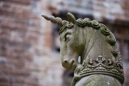 Unicorn: detail of the fountain in the inner courtyard of Linlithgow Palace, Scotlandの写真素材