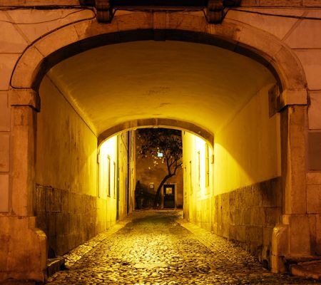 doorway to a backyard in the Alfama of Lisbonの写真素材