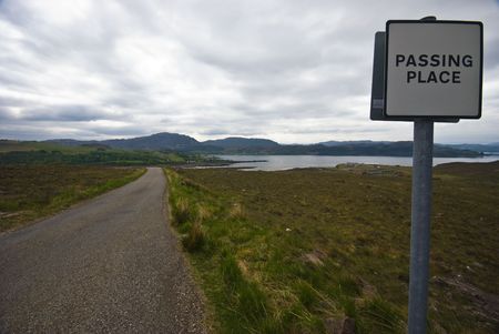 sign for a passing place on a singletrack road in Scotlandの写真素材