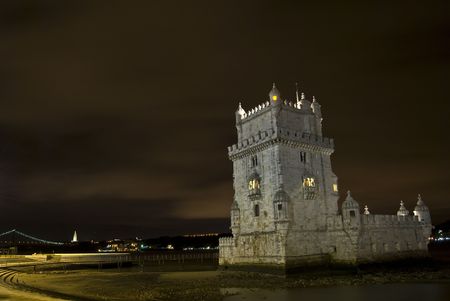 famous Torre de Belem illuminated at nightのeditorial素材