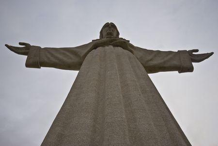detail of the enormous statue of Christ in Lisbonの写真素材