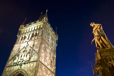 statue of Charles V in Prague at nightの写真素材
