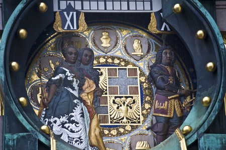 detail of the famous Jugendstil Ankeruhr in Viennaの写真素材