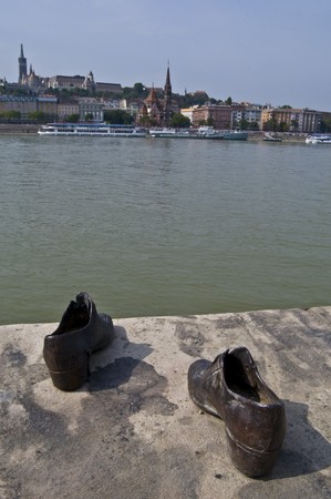 shoes symbolizing the massacre of people shot at the Danube in Budapestのeditorial素材
