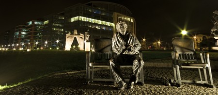 famous and modern national theater in Budapest at nightの写真素材