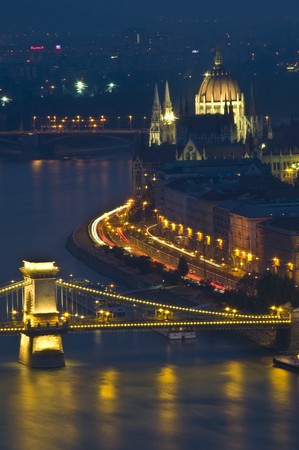 view of the famous chain bridge in Budapestの写真素材