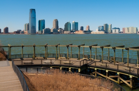 view of the skyline of Jersey City from Manhattanの写真素材