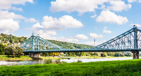 bridge crossing the Elbe called Blaues Wunder in Dresdenの写真素材