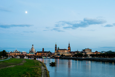 illuminated skyline of Dresden, saxony in the eveningの写真素材