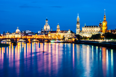 illuminated skyline of Dresden, saxony in the eveningの写真素材