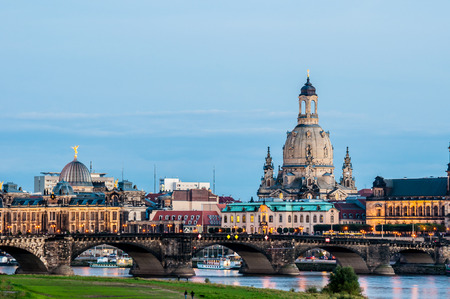 illuminated skyline of Dresden, saxony in the eveningの写真素材