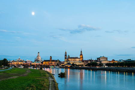 illuminated skyline of Dresden, saxony in the eveningの写真素材