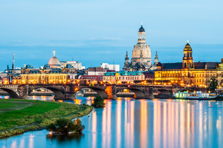 illuminated skyline of Dresden, saxony in the eveningの写真素材