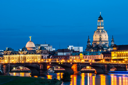 illuminated skyline of Dresden, saxony in the eveningの写真素材