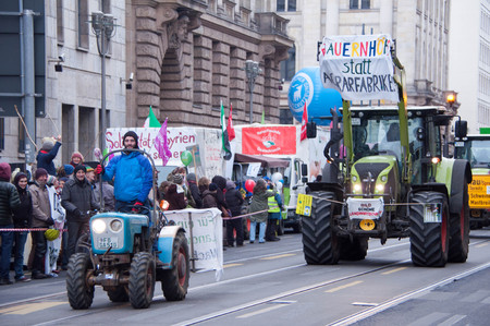 BERLIN, GERMANY - JANUARY 16: Demonstration "Wir haben es satt!" against the agricultural industry on January 16, 2016 in Berlin, Germanyのeditorial素材