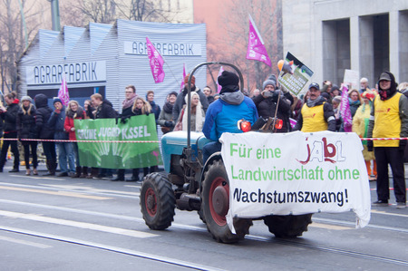 BERLIN, GERMANY - JANUARY 16: Demonstration "Wir haben es satt!" against the agricultural industry on January 16, 2016 in Berlin, Germanyのeditorial素材