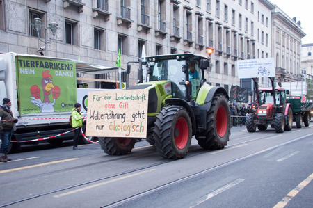 BERLIN, GERMANY - JANUARY 16: Demonstration "Wir haben es satt!" against the agricultural industry on January 16, 2016 in Berlin, Germanyのeditorial素材