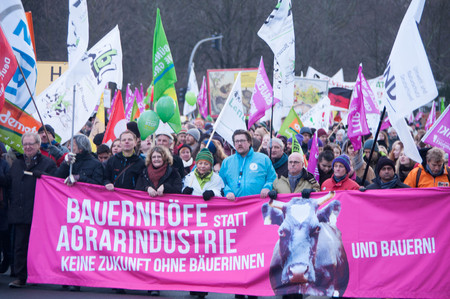 BERLIN, GERMANY - JANUARY 16: Demonstration "Wir haben es satt!" against the agricultural industry on January 16, 2016 in Berlin, Germanyのeditorial素材