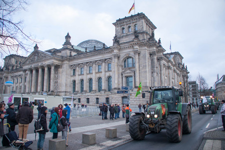 BERLIN, GERMANY - JANUARY 16: Demonstration "Wir haben es satt!" against the agricultural industry on January 16, 2016 in Berlin, Germanyのeditorial素材