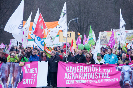 BERLIN, GERMANY - JANUARY 16: Demonstration "Wir haben es satt!" against the agricultural industry on January 16, 2016 in Berlin, Germanyのeditorial素材